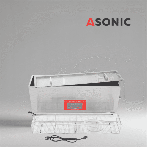 ASONIC-IND-300XL-1 ASONIC IND-300XL nagy teherbírású ultrahangos fürdő tartós konstrukcióval ipari és laboratóriumi tisztítási feladatokhoz.