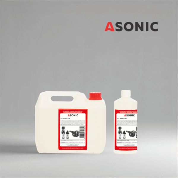 ASONIC AS-BIOX tisztítószer 1 literes, 5 literes és 25 literes tartályokban a biológiai maradványok eltávolításához.