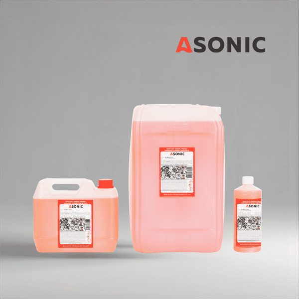 ASONIC AS-GEN általános célú ultrahangos tisztítószer 1 literes, 5 literes és 25 literes tartályokban.