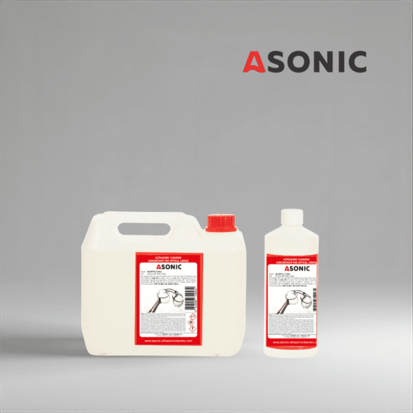ASONIC AS-OPT tisztítószer 1 literes, 5 literes és 25 literes flakonokban optikai lencsék ultrahangos tisztításához.