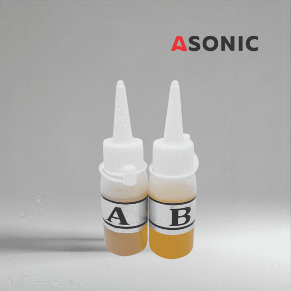 ASONIC Glue-AB, kétkomponensű ragasztó az ultrahangos átalakítók tisztító tartályokhoz való biztonságos rögzítéséhez.