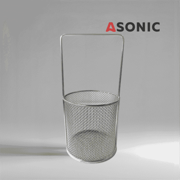 ASONIC rozsdamentes acélból készült kerek kosár fogantyúval Ø75mm, ékszerek és finom szerszámok ultrahangos tisztításához.