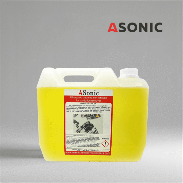 ASONIC AS-OXI-5 ultrahangos oxidáció eltávolító, 5 literes tisztító oldat fémekhez, ékszerekhez és szerszámokhoz oxidréteggel.